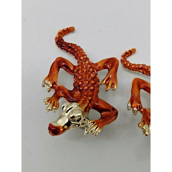Alligator Crocodile Red & Orange Enamel Gold Tone Metal Reptile Brooches(2) - Picture 3 of 8